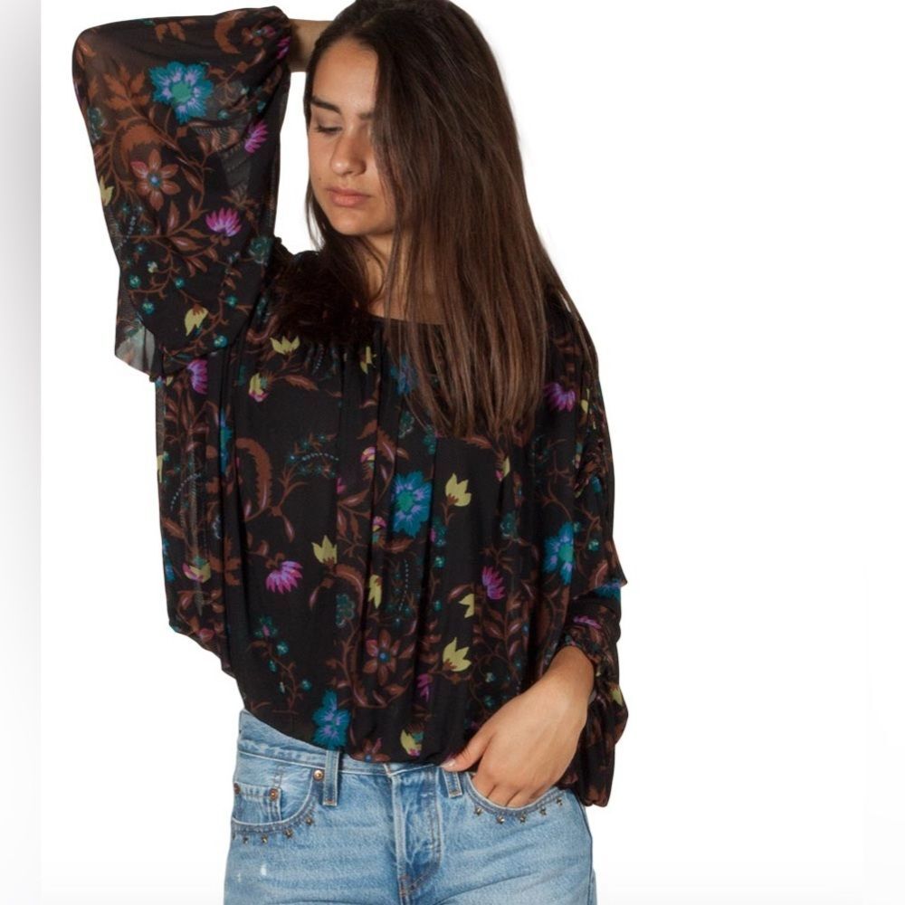 Free People Black Floral Peasant Top with Teal & Purple Accents